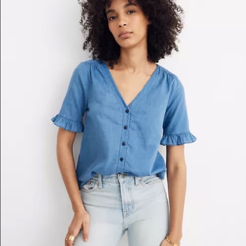 Madewell Village Ruffle-Sleeve Shirt in Indigo